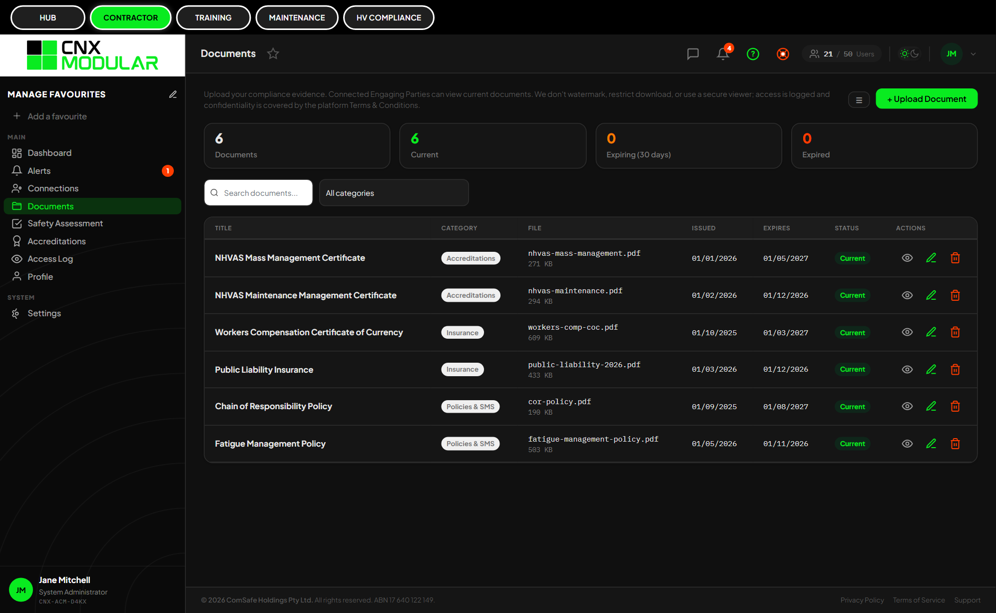 Contractor documents register in CNX Modular showing uploaded certificates and policies with extracted expiry dates and status