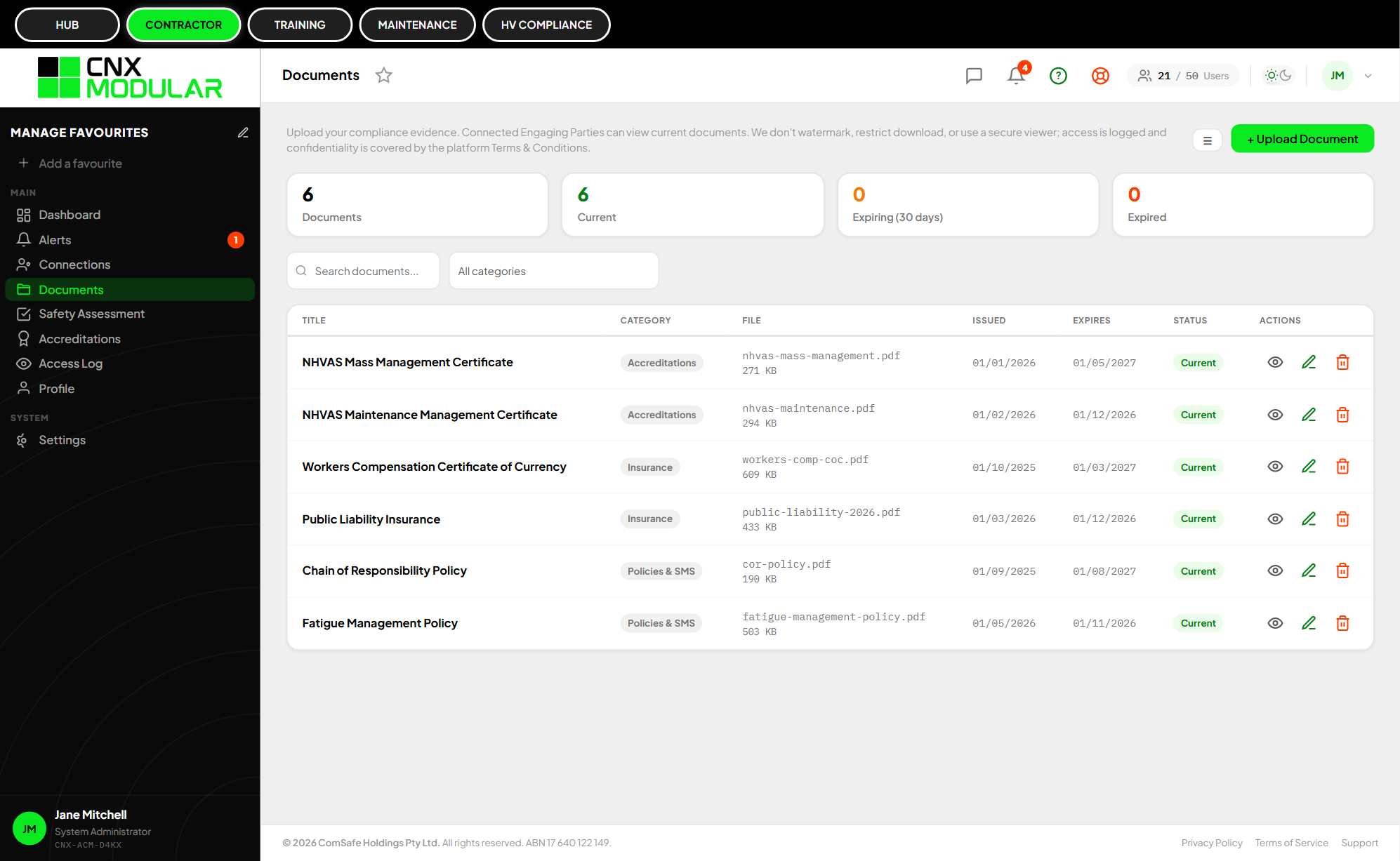Contractor documents register in CNX Modular showing uploaded certificates and policies with extracted expiry dates and status