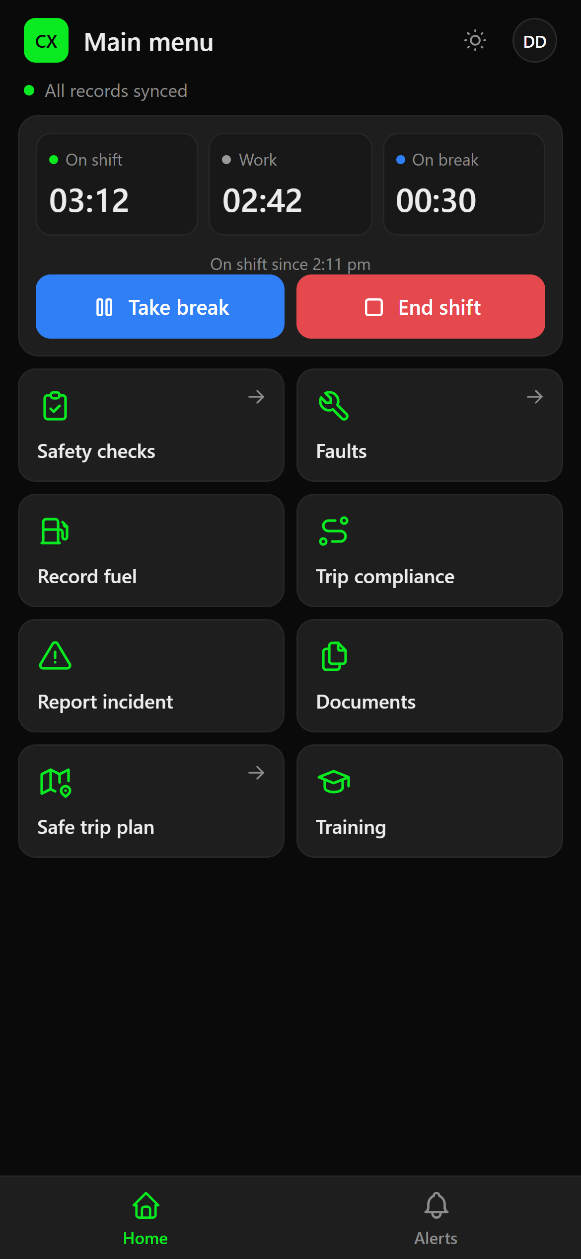 The CNX Modular driver app main menu, with a shift timer and tiles for safety checks, faults, record fuel, trip compliance, report incident, documents, safe trip plan and training