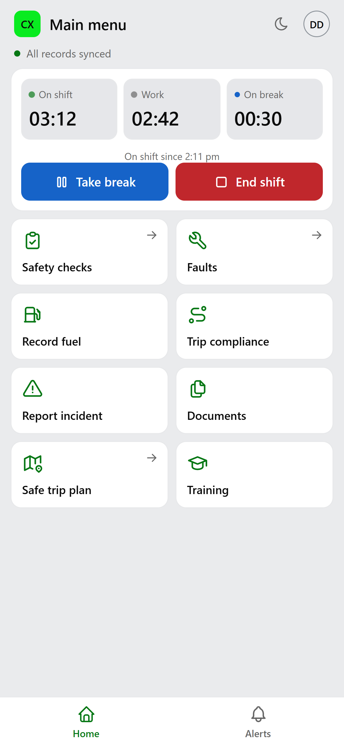 The CNX Modular driver app main menu, with a shift timer and tiles for safety checks, faults, record fuel, trip compliance, report incident, documents, safe trip plan and training