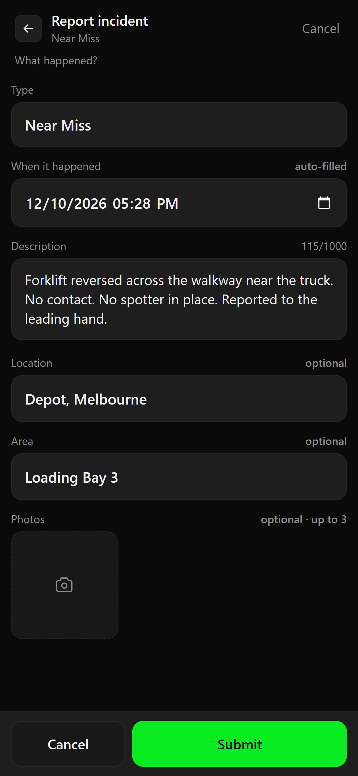 The Report incident screen in the CNX Modular mobile app, with a near miss being reported at a depot loading bay