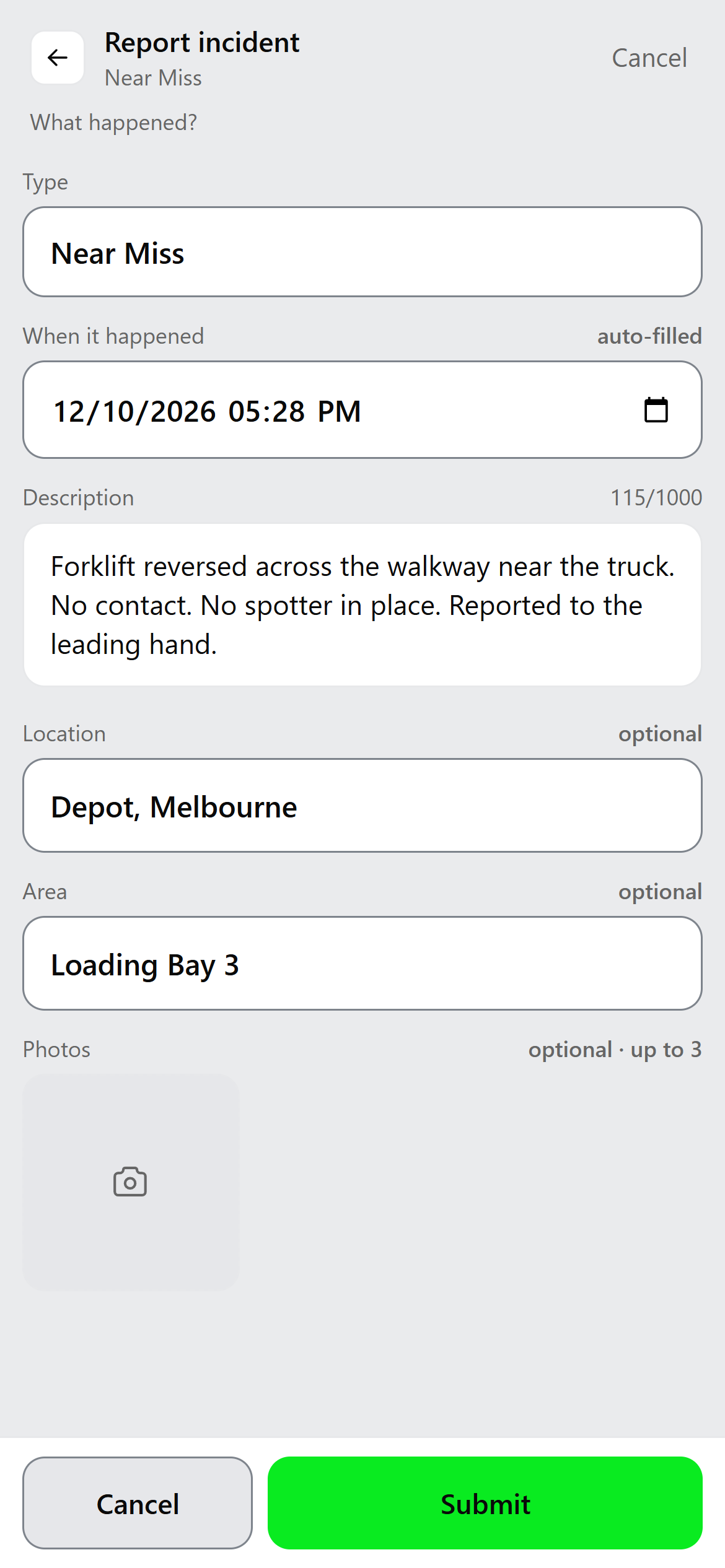 The Report incident screen in the CNX Modular mobile app, with a near miss being reported at a depot loading bay