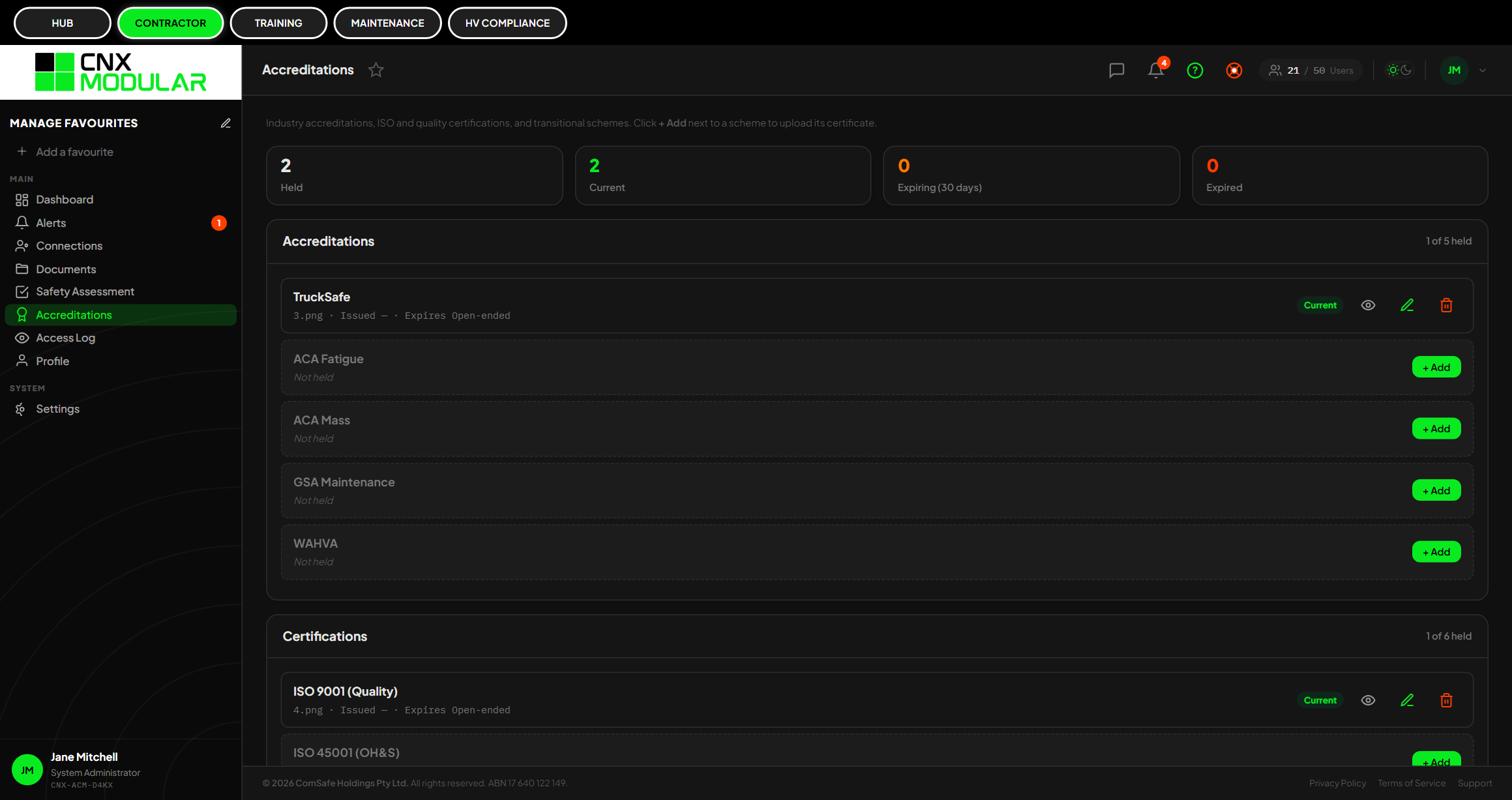 CNX Modular Contractor dashboard showing onboarding, safety assessments, document vault and engaging-party connections.