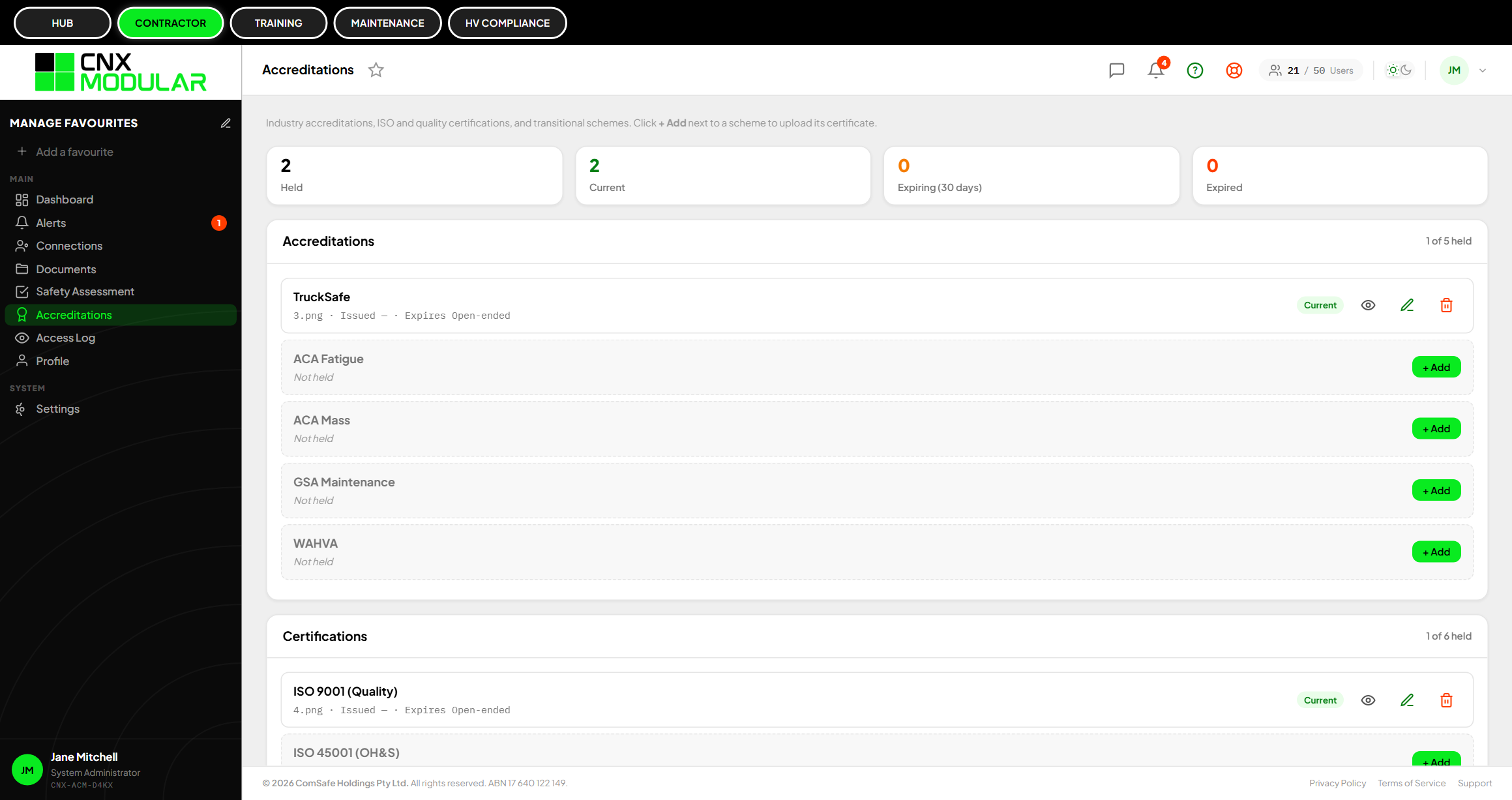 CNX Modular Contractor dashboard showing onboarding, safety assessments, document vault and engaging-party connections.